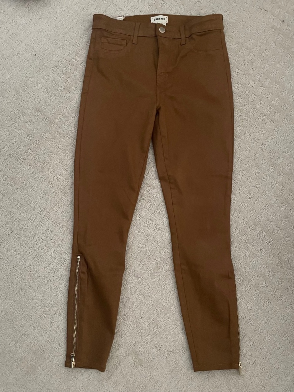 $295 L'agence Sabine High Rise Skinny Ankle Zip Coated Jeans Java Brown Size 28